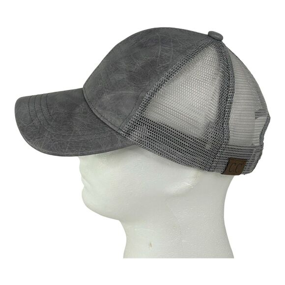 C.C. Unisex Distressed Faux Leather Mesh Back Adjustable Baseball Cap Hat Gray - Picture 3 of 9